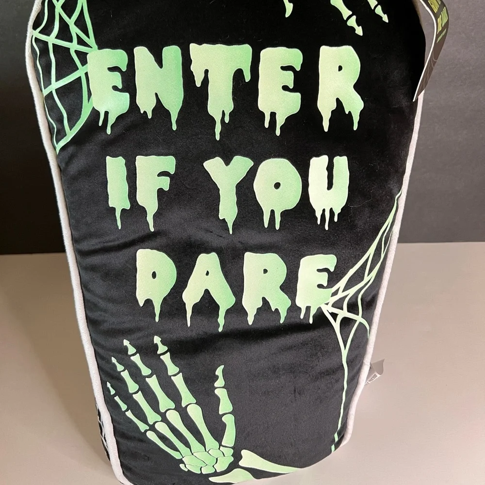 Halloween Glow in the Dark Coffin Throw Pillow Enter if you Dare Skeleton Hands